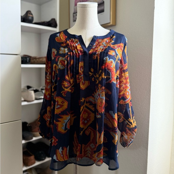 Anthropologie Meadow Rue Blue and Orange Colorful Patterned Blouse Size M - Picture 1 of 10